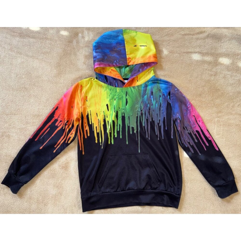 Funnycokid Hoodie Colorful Dripping Paint Graphics Kidcore Unisex Pullover L .q